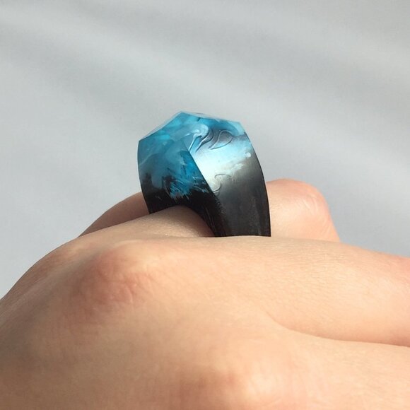 Ring jewelry wooden light blue wave large size 7 nature fashion new - Picture 2 of 7